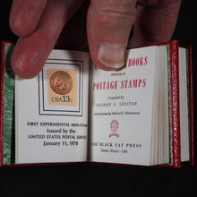 Load image into Gallery viewer, Levitan, Kalman. Miniature Books relating to Postage Stamps. Two volumes. 1983. with, Soliloquy of a Postage Stamp by Ernest W. Brady. Keepsake for Friends. 6 printed pages. 1978. Black Cat Press. Skokie. Illinois. Dos-a-dos-a-dos binding.