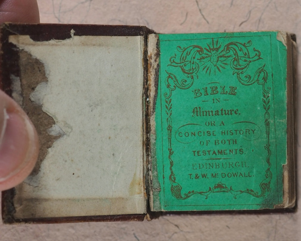 Bible in Miniature or a Concise History of Both Testaments. McDowall, T. & W. Edinburgh. Circa 1845.>>Miniature Scottish Thumb-Bible with rare green title-page<<