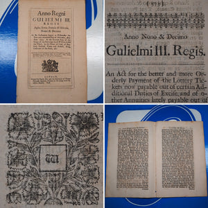 William III, 1697-8: An Act for the better and more orderly Payment of the Lottery Tickets now payable out of certain additional Duties of Excise and of other Annuities lately payable out of Tunnage Duties. Publication Date: 1698 Condition: Very Good