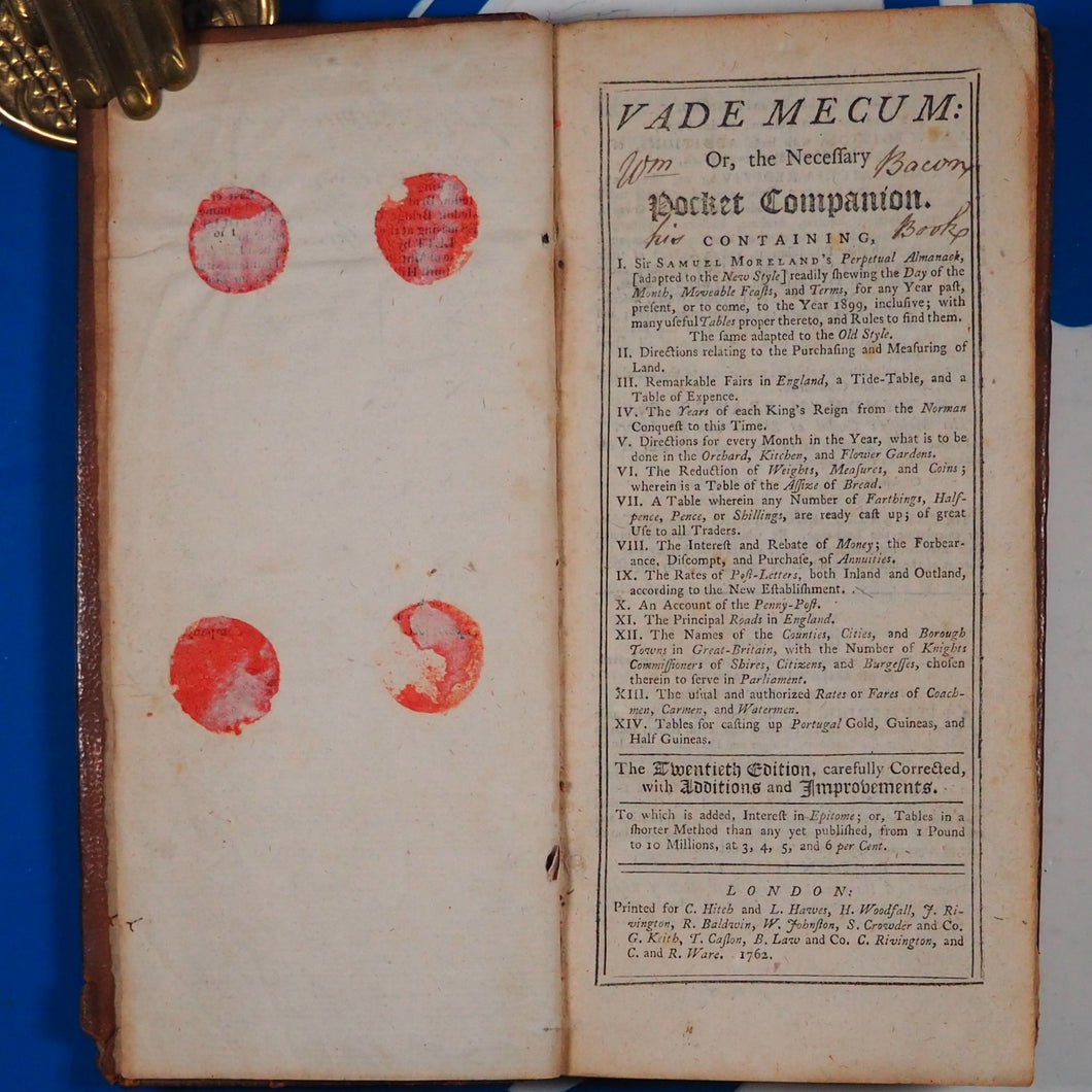 Vade mecum : or, the necessary pocket companion.The twentieth edition, carefully corrected, with additions and improvements. To which is added, interest in epitome. John Playford [Compiled by] Publication Date: 1762 Condition: Good