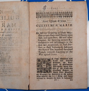 TAXING BEER, ALE & OTHER LIQUORS TO PAY FOR 1ST GLOBAL WAR. ACTS - England and Wales]. London. Printed by Charles Bill and the Executrix of Thomas Newcomb deceas'd, Printers to the King and Queens most Excellent Majesties. 1692, '93, '94, '97.